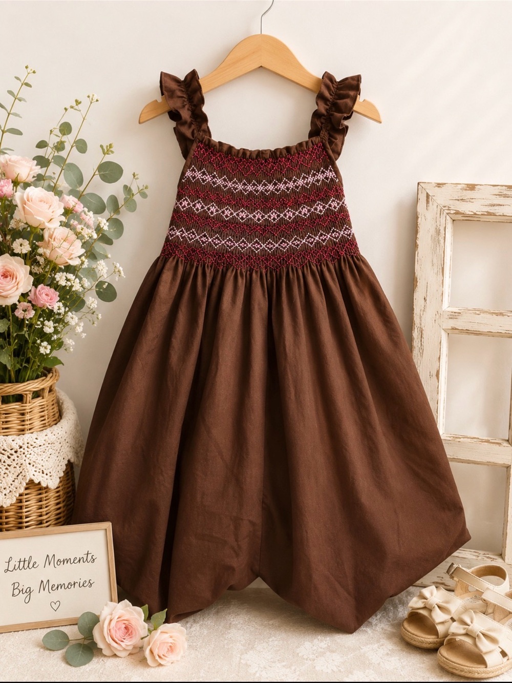 Polly finders Brown Smocked Ruffled Strap Casual Dress for Kids size. 6